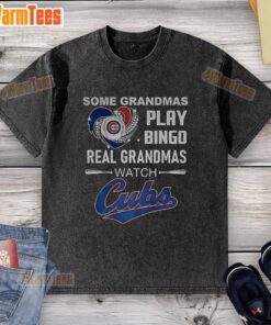 Grandmas enjoying a Chicago Cubs baseball game in vintage heart-washed t-shirts while playing bingo together.