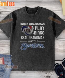 Real grandmas watching Milwaukee Brewers baseball in a heart-washed t-shirt, enjoying a fun day at the game.