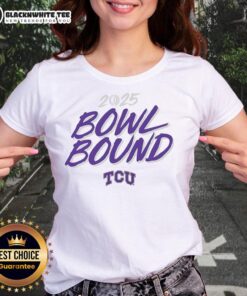 TCU Horned Frogs Football 2025 Bowl Bound Ladies Tee in purple with vibrant team logo, perfect for passionate fans.