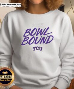 Alt Text: TCU Horned Frogs Football 2025 Bowl Bound sweatshirt featuring team colors and logo, perfect for fans.
