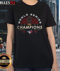 2025 World Series Champions trophy for the Toronto Blue Jays on a ladies' tee, celebrating MLB victory.