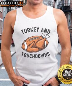 Cheerful Thanksgiving football fan wearing a 'Nice Turkey and Touchdowns' tank top, celebrating the holiday spirit.