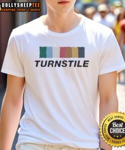Colorful Nice Turnstile wall graphic on a stylish T-shirt, perfect for music fans and streetwear enthusiasts.