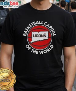 UConn Basketball Capital of the World T-Shirt featuring bold graphics and vibrant colors, perfect for fans and supporters.