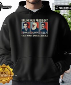 Nice hoodie featuring Feynman, Darwin, and Tesla, promoting science and hope, unlike our president's stance.