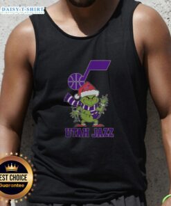 Festive Nice Utah Jazz Christmas tank top featuring a Grinch design and Santa hat for the 2025 holiday season.