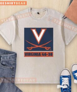 Virginia Cavaliers Football 46-38 logo on a washed t-shirt, perfect for fans of NCAA football and team apparel.
