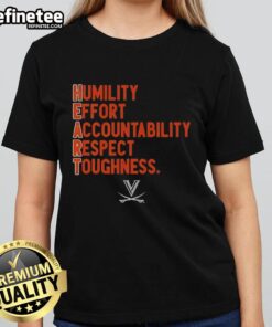 Alt Text: Ladies tee featuring Virginia Cavaliers football H.E.A.R.T. design: Humility, Effort, Accountability, Respect, Toughness.