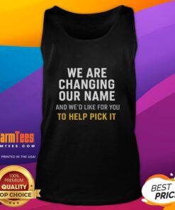 Tank top design inviting community input on new name change for Nice We brand, featuring vibrant colors and playful graphics.