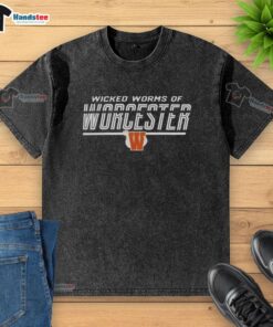 Alt Text: Burnt orange washed t-shirt featuring Nice Worcester Red Sox Wicked Worms logo, perfect for fans.