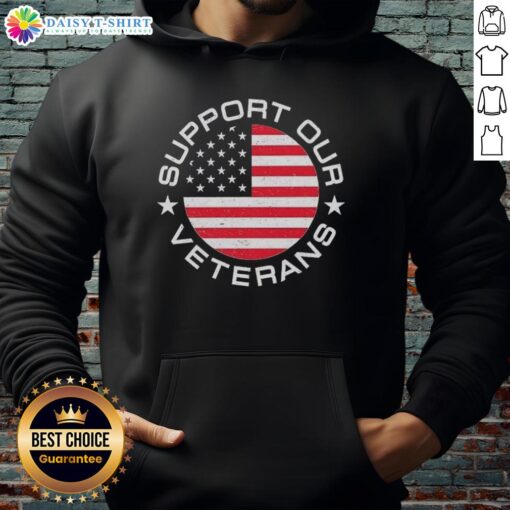 Official America Support Our Veterans hoodie in navy blue, featuring patriotic graphics and a comfortable fit.