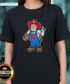 Andrew Whitworth and Ryan Fitzpatrick in Nebraska Huskers Herbie mascot tee, showcasing team spirit and style.