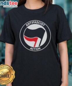 Alt Text: Official Antifascist Action Antifa Ladies Tee featuring bold logo design on a stylish women's shirt.