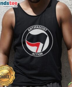 Alt Text: Black tank top featuring the Official Antifascist Action Antifa logo, promoting anti-fascism and social justice.