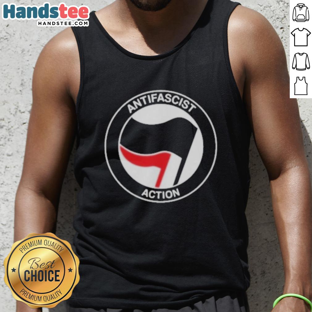 official-antifascist-action-antifa-tank-top Alt Text: Black tank top featuring the Official Antifascist Action Antifa logo, promoting anti-fascism and social justice.