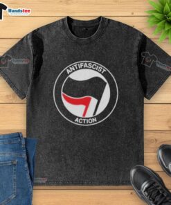 Official Antifascist Action Antifa washed t-shirt featuring bold graphics and a stylish design for activists and supporters.