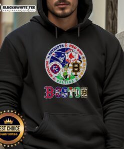 Official Boston Sports hoodie featuring Patriots, Red Sox, Bruins, Celtics, and Revolution logos in vibrant colors.