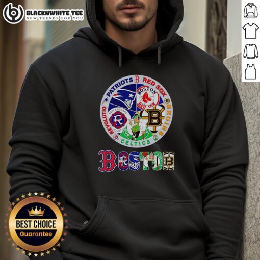 Official Boston Sports hoodie featuring Patriots, Red Sox, Bruins, Celtics, and Revolution logos in vibrant colors.