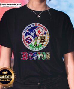 Official Boston Sports tee featuring logos of Patriots, Red Sox, Bruins, Celtics, and Revolution for ladies.