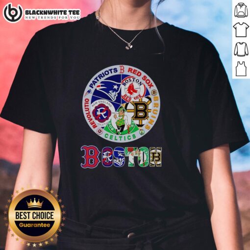 Official Boston Sports tee featuring logos of Patriots, Red Sox, Bruins, Celtics, and Revolution for ladies.