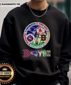 Official Boston Sports sweatshirt featuring Patriots, Red Sox, Bruins, Celtics, and Revolution logos.