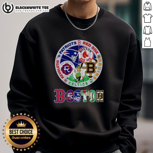 Official Boston Sports sweatshirt featuring Patriots, Red Sox, Bruins, Celtics, and Revolution logos.