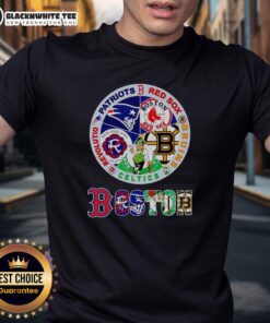 Official Boston Sports T-Shirt featuring Patriots, Red Sox, Bruins, Celtics, and Revolution logos in vibrant colors.