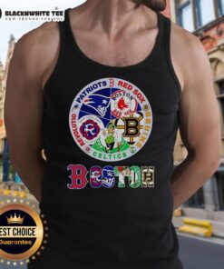 Official Boston Sports tank top featuring Patriots, Red Sox, Bruins, Celtics, and Revolution logos for fans.