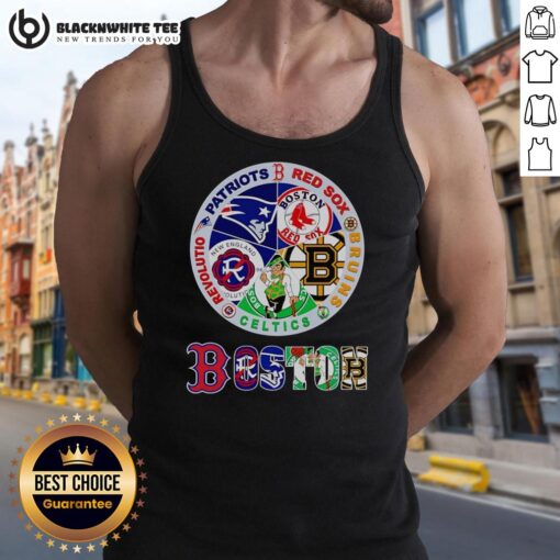 Official Boston Sports tank top featuring Patriots, Red Sox, Bruins, Celtics, and Revolution logos for fans.