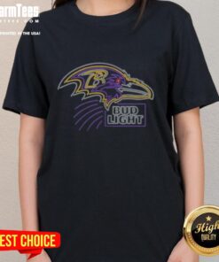Official Bud Light Baltimore Ravens ladies tee featuring team colors and logo, perfect for game day or casual wear.