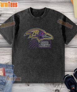 Alt Text: Official Bud Light Baltimore Ravens washed t-shirt featuring team logo in vibrant colors, perfect for fans.