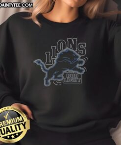 Alt Text: Official Bud Light Detroit Lions sweatshirt featuring team colors and logo, perfect for game day and fan apparel.