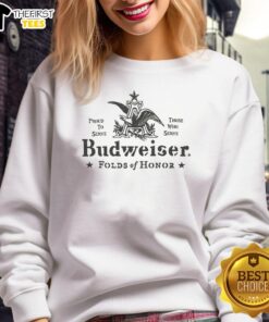 Alt Text: Official Budweiser Folds of Honor stencil sweatshirt featuring a bold design in red and white, perfect for casual wear.