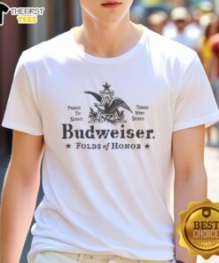 Alt Text: Official Budweiser Folds Of Honor Stencil T-Shirt featuring patriotic design and bold logo for veterans' support.