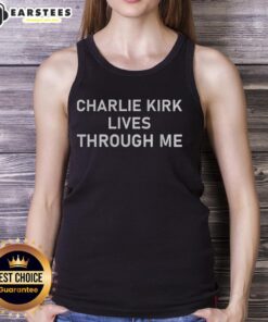 Official Charlie Kirk Lives Through Me Memorial Tank Top featuring a bold design and vibrant colors for supporters.