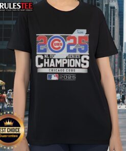 Alt Text: Official Chicago Cubs 2025 NL Division Series Champions ladies tee featuring team logo and championship design.