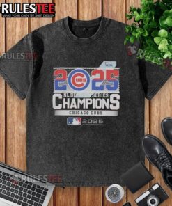 Alt Text: Official Chicago Cubs 2025 NL Division Series Champions washed t-shirt in blue, featuring team logo and celebratory design.