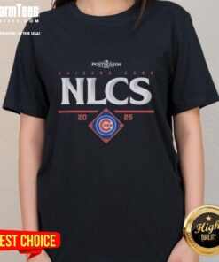 Official Chicago Cubs NLCS 2025 Ladies Tee featuring team logo and championship design for baseball fans.