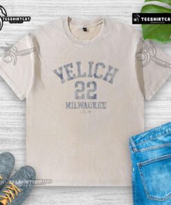 Official Christian Yelich October Washed T-Shirt featuring a vintage design and team colors for fans and collectors.