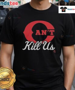 Official Cincinnati Reds Cant Kill Us Red C Logo Baseball T-Shirt featuring bold logo on a vibrant red background.