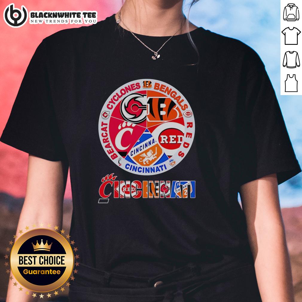 Official Cincinnati Sports Cyclones Bengals Reds Bearcat Logo Ladies Tee Alt Text: Official Cincinnati Sports Cyclones Bengals Reds Bearcat logo on a stylish ladies tee, perfect for fans.