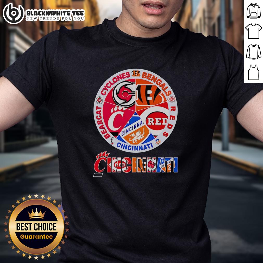 Official Cincinnati Sports Cyclones Bengals Reds Bearcat Logo T Shirt Official Cincinnati Sports T-Shirt featuring Cyclones, Bengals, Reds, and Bearcat logos, perfect for sports fans.