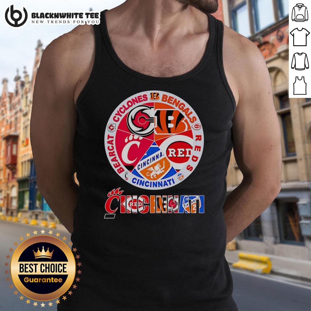 Official Cincinnati Sports Cyclones Bengals Reds Bearcat Logo Tank Top Official Cincinnati Sports tank top featuring Cyclones, Bengals, Reds, and Bearcat logos for fans and athletes.