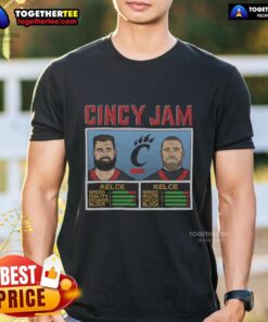 Official Cincy Jam Kelce and Kelce T-Shirt featuring vibrant design and team colors for fans of the NFL star, Kelce.