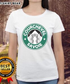 Official Courchevel Savoie X Starbucks logo parody ladies tee featuring a stylish design for trendy fashion lovers.