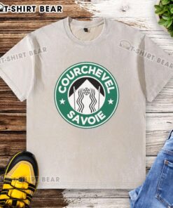 Official Courchevel Savoie X Starbucks logo parody on a washed t-shirt, featuring a unique and trendy design.