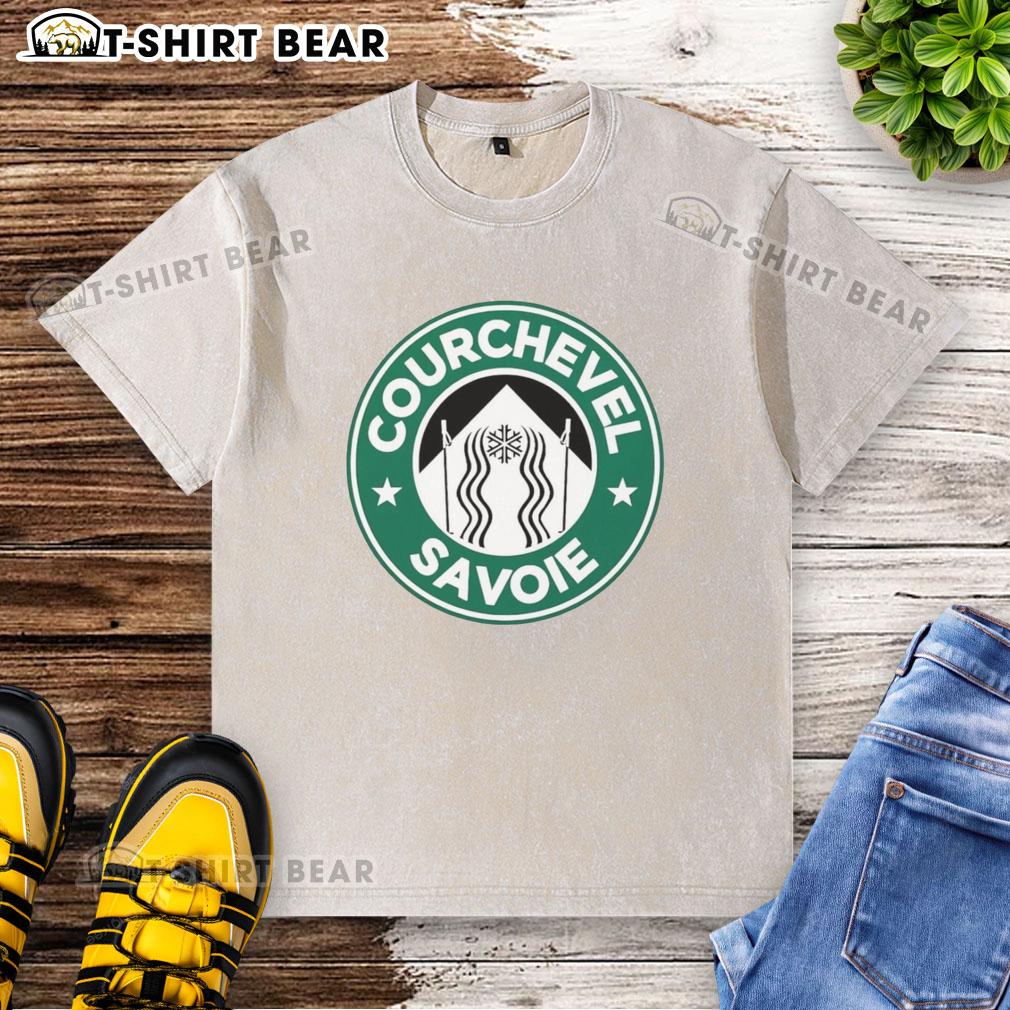 Official Courchevel Savoie X Starbucks Logo Parody Washed T Shirt Official Courchevel Savoie X Starbucks logo parody on a washed t-shirt, featuring a unique and trendy design.