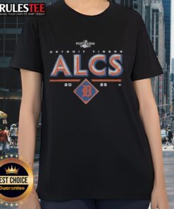 Alt Text: Official Detroit Tigers 2025 ALCS Division Series Winner Postseason Ladies Tee featuring team logo and design.