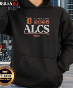 Official Detroit Tigers 2025 Division Series Winner Locker Room Hoodie displayed on a hanger with team logo prominently featured.