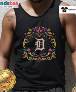 Official Detroit Tigers Dia de los Muertos MLB celebration tank top featuring vibrant skull designs and team logo.